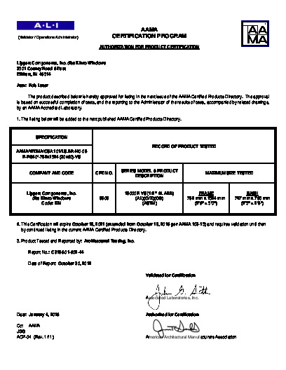 PR CERTIFICATE FL993 R16 C CAC FL993 R11 C CAC 993.8 AAMA CERT