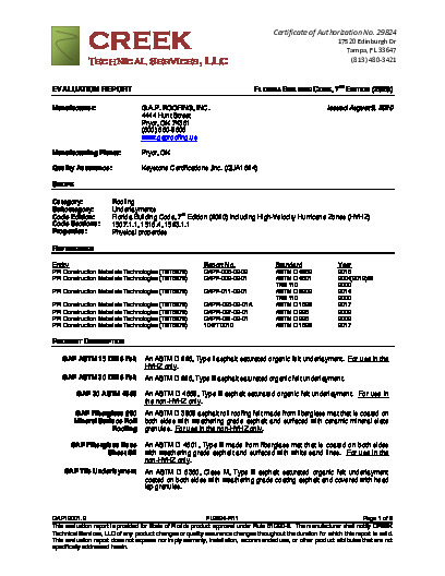 PR TECH DOCS FL2894 R11 AE GAP19001.2 2020 FBC EVAL UNDERLAYMENTS FINAL