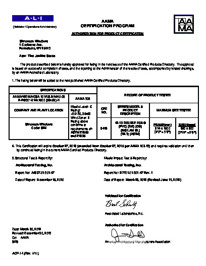 PR CERTIFICATE FL5419 R16 C CAC 42-19 DH IMPACT ANNEALED 36X63 R50 (EXT.)