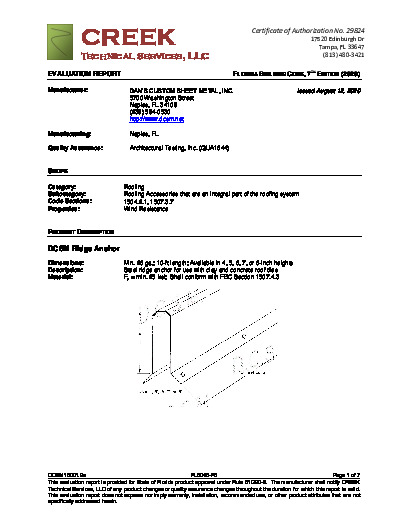 PR Instl Docs FL6046 R6 II DCSM15001.2a 2020 FBC Eval Ridge Anchor nonHVHZ final